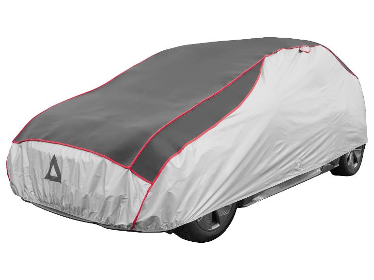 Zweifarbige Autoabdeckung in Grau und Silber mit roter Paspelierung, mit reflektierendem Dreieck.