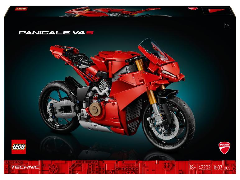 Rotes LEGO Technic Ducati Panigale V4 R Motorradmodell auf schwarzem Hintergrund.