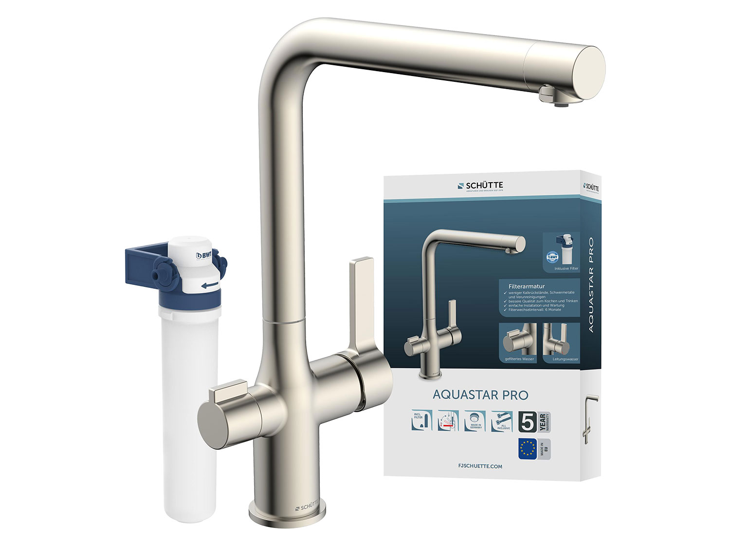 Schütte Küchenarmatur mit FILTERSYSTEM AQUASTAR PRO (Edelstahl)““ | gefährlichen Schwermetallen sowie potenzielle Verunreinigungen im Leitungswasser Perfektion im Geschmack – Die Aquastar Küchenarmatur für höchste Qualität beim Kochen und Trinken Komfortabler Druckknopf zur Einstellung der Strahlart. Elegant und praktisch gelöst Der Wasserhahn wird spielend leicht installiert und gewartet Das Filterwechselintervall beträgt ca. 6 Monate Das Komplett-Set umfasst die Mischbatterie inklusive Filter und Filterkopf Produktmerkmale tabletd Art: Einhebelarmatur Einsatzbereich: Küche Farbe: chrom, schwarz, edelstahl Anti-Kalk: Filterkartusche Anzahl Strahlarten: – Ausführung: schwenkbar Anschluss: – Material: – Gewicht: 2800 g Lieferumfang: Filterarmatur inkl. Montageanleitung, europäischem Marken-Filter, Filterkopf, Befestigungsmaterial““
