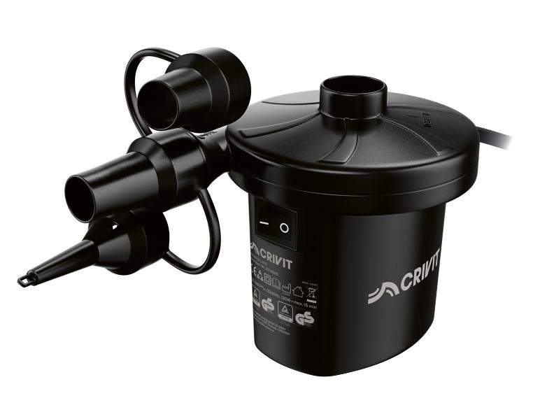 Schwarze Elektropumpe mit verschiedenen Aufsätzen und Ein-/Ausschalter.