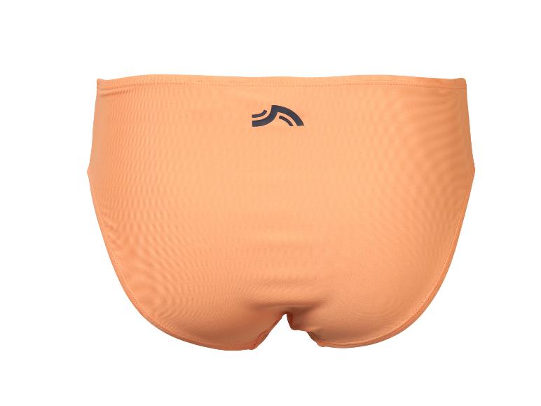 Pfirsichfarbene Damen-Bikinihose mit dunklem Logo auf der Rückseite.