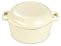 Ein cremefarbener gusseiserner Topf mit Deckel.
