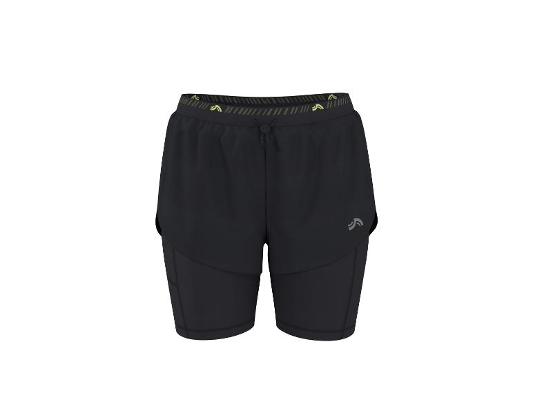 Schwarze 2-in-1-Sportshorts für Herren mit grünen Details am Bund.