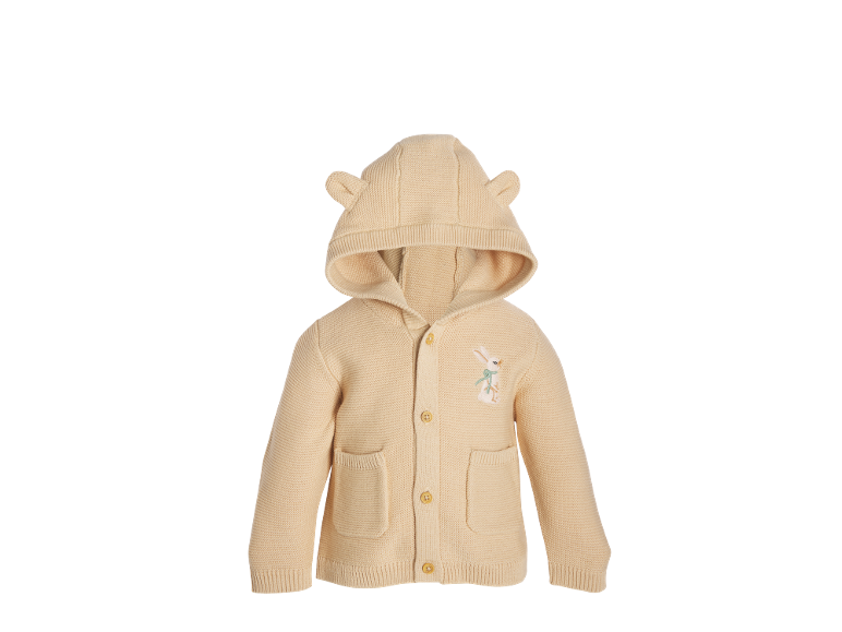 Beige gestrickte Baby-Strickjacke mit Kapuze, Ohren und Hasenstickerei.
