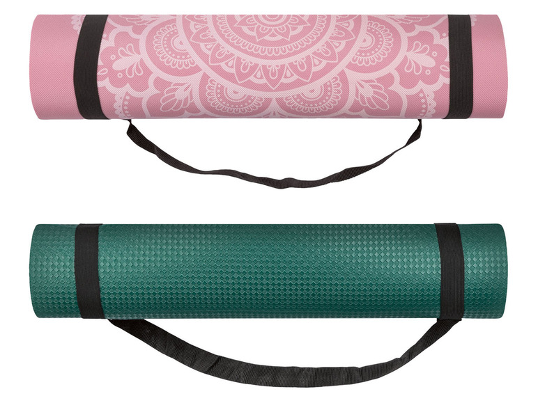 Zwei Yogamatten, eine rosa mit Mandala-Muster und eine grüne