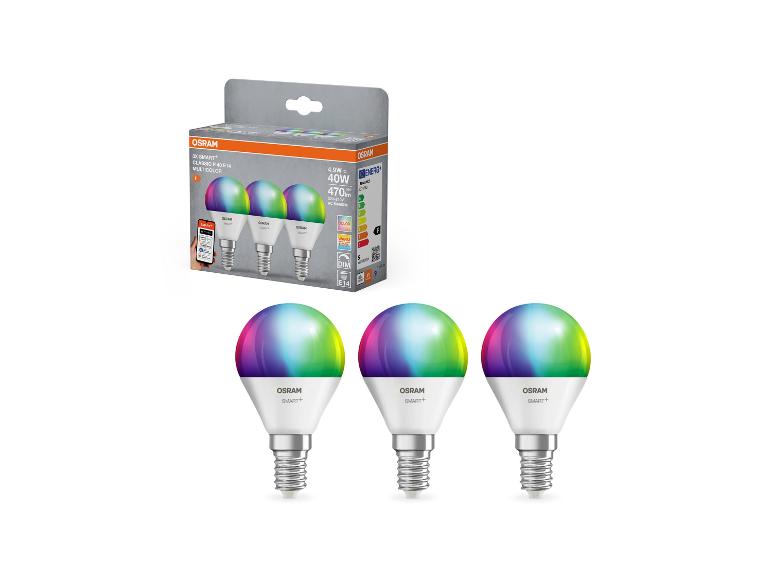 Drei smarte mehrfarbige LED-Glühbirnen mit Verpackung, 4.9W, 470lm, E14 Sockel.
