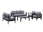 Gartenmöbel-Set mit schwarzem Metallrahmen und grauen Kissen, bestehend aus Sofa, zwei Sesseln und Couchtisch.