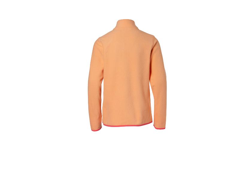 Orangefarbene Fleecejacke mit Stehkragen und pinken Bündchen.