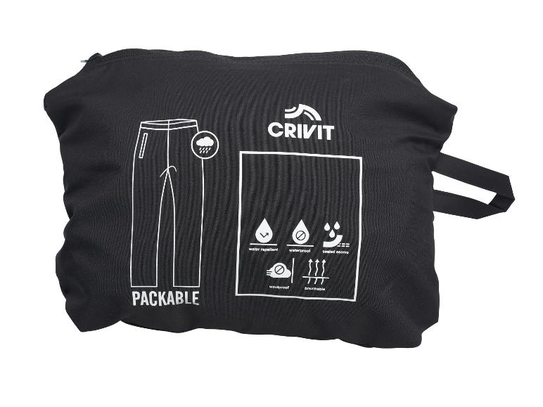 Schwarze Tasche mit weißen Symbolen für packbare Hose, wasserabweisend, wasserdicht, versiegelte Nähte, winddicht und atmungsaktiv.
