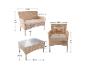 Rattan-Gartenmöbel-Set mit Sofa, Sessel und Couchtisch, inklusive Kissen und Maßen.