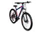 Blaues und rotes Mountainbike mit schwarzen Reifen und silbernen Details.