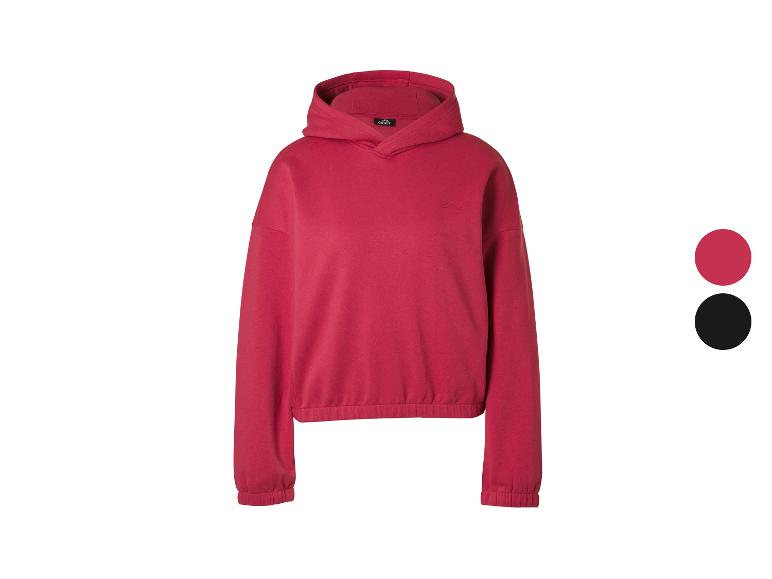 Roter Damen-Kapuzenpullover mit geripptem Saum und Bündchen.