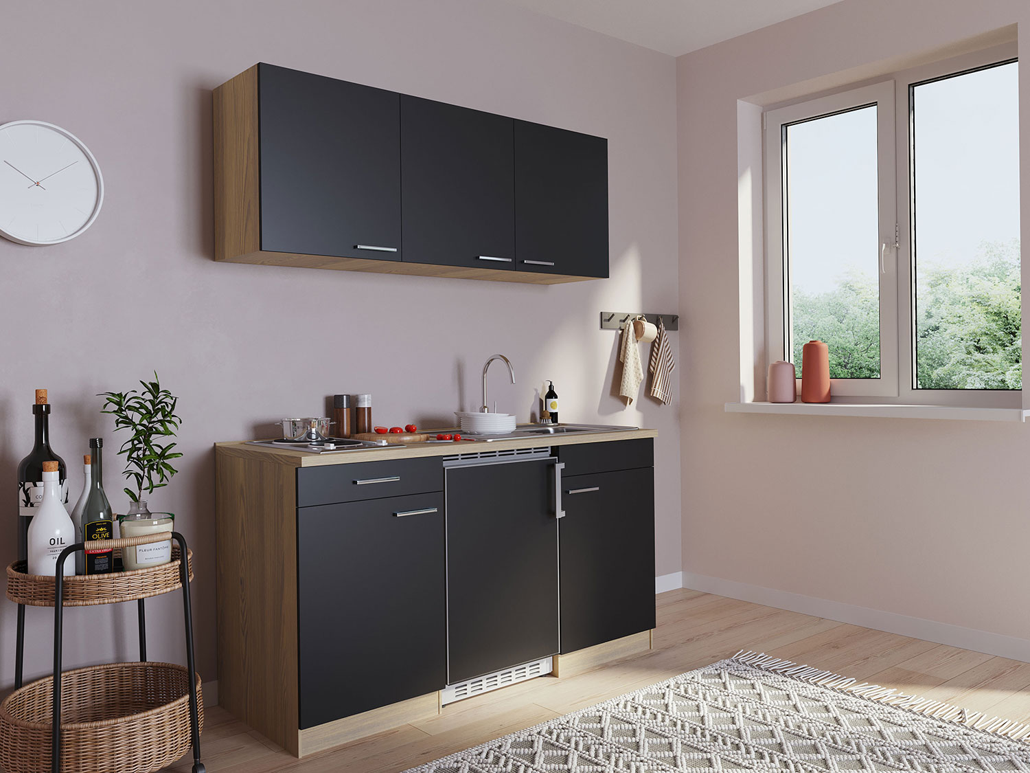RESPEKTA Singleküche Eiche Sonoma Sägerau 150/160/180cm (ohne Mikrowelle, schwarz mit Kochmulde, Breite 150cm) – Bild 2 von 4