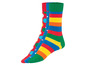 Drei Paar bunte Happy Socks mit Punkten und Streifen.