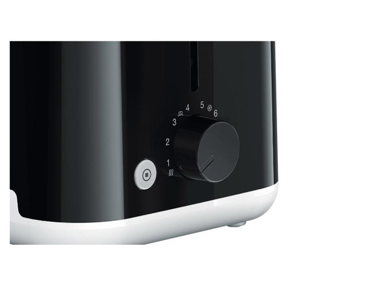 Schwarz-weißer Toaster mit einem Drehregler von 1 bis 6 und einer Stopptaste.