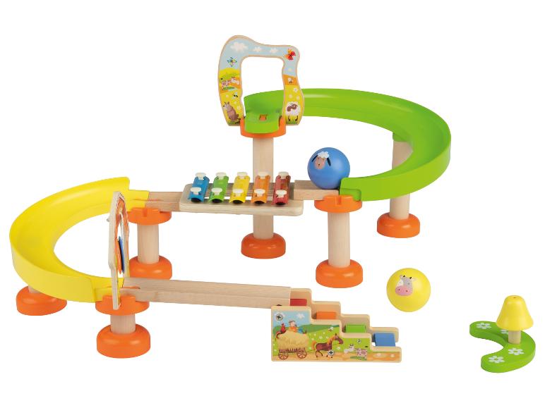 Holzspielzeug mit Kugelbahn und Xylophon, im Bauernhof-Design
