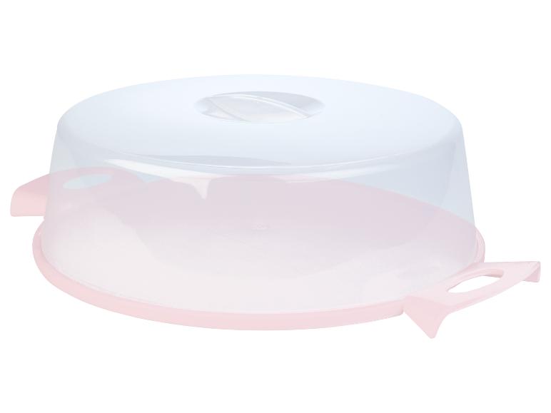 Eine rosa Plastik-Kuchen- oder Tortenbox mit Deckel.