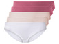 Ein Set mit vier Damen-Slips in Weiß, Beige und Rosa.