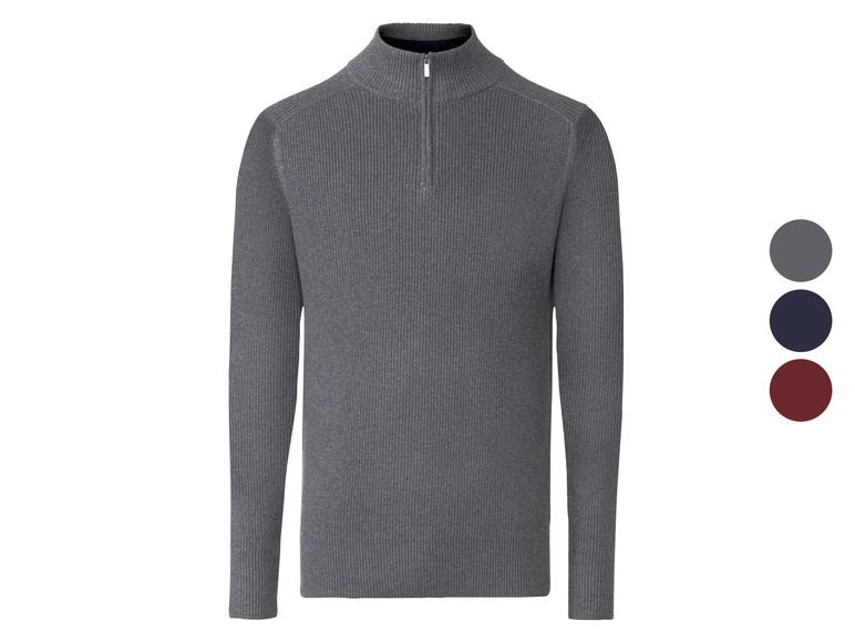 Ein graues Strickhemd für Herren mit kurzem Reißverschluss.