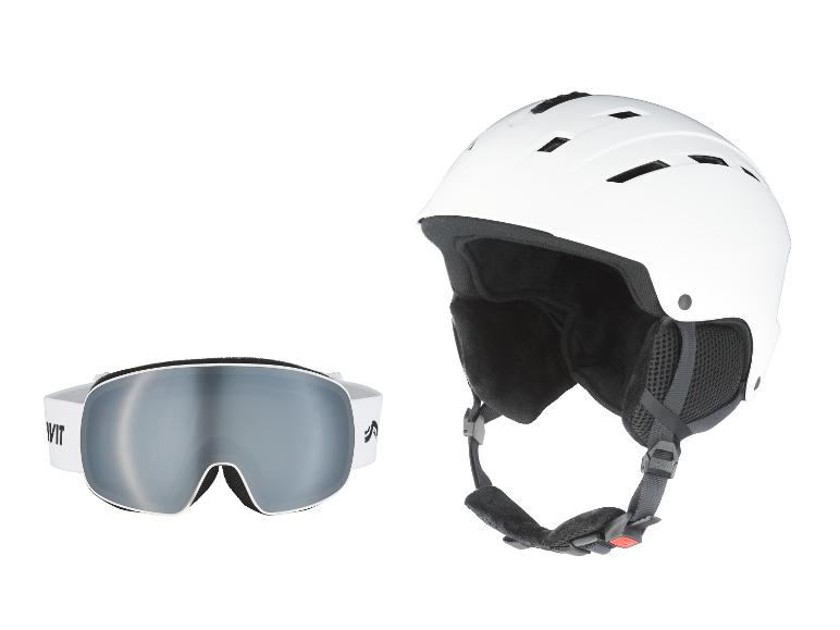 Weißer Skihelm und Skibrille mit verspiegelten Gläsern
