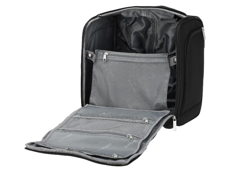 Schwarze Reise-Kulturtasche oder Organizer mit mehreren Netzfächern und Reißverschlüssen.