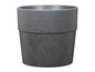 Ein grauer, runder Blumentopf mit geriffelter Oberfläche.