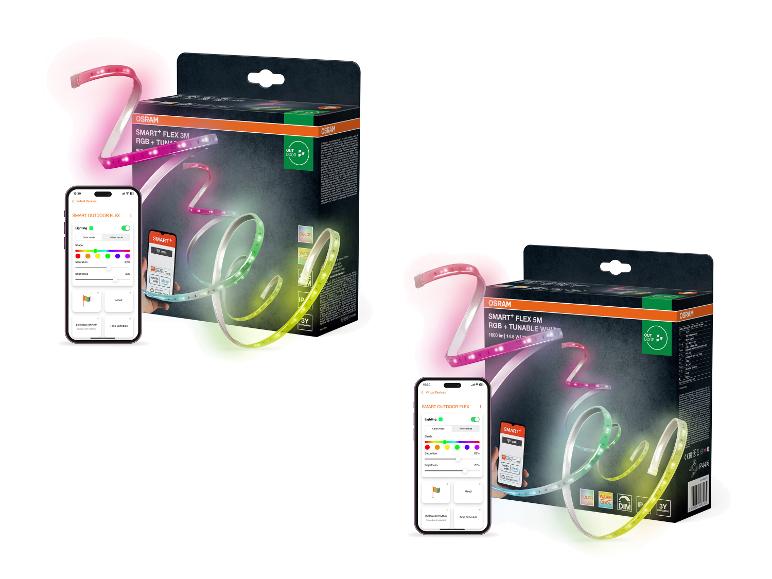 Zwei smarte Outdoor-LED-Lichtstreifenboxen mit einem Smartphone, das die Steuerungs-App anzeigt.