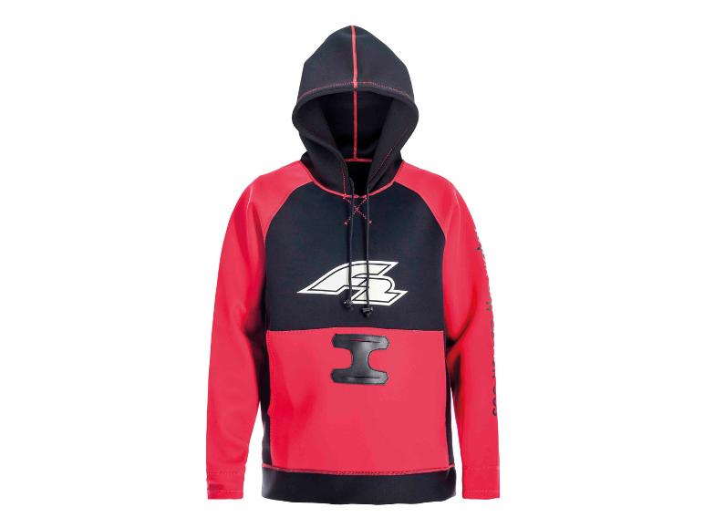 Rot-schwarzer Hoodie mit weißem Logo und schwarzem Kordelzug