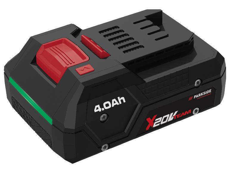 4.0Ah Elektrowerkzeugakku mit roten und grünen Details, beschriftet mit „X 20V TEAM“.