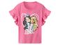 Pinkes Rüschen-T-Shirt mit Barbie-Aufdruck, der zwei Mädchen und den Schriftzug „Barbie“ zeigt.