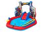 Spiderman-Aufstellbecken mit Rutsche und Wasserspielzeug.