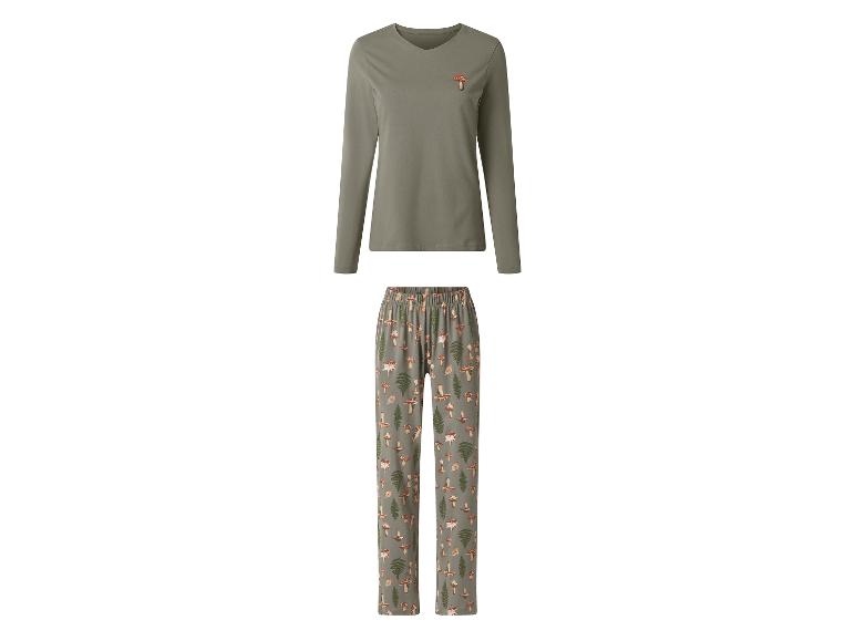 Damen-Pyjama mit olivgrünem Langarmshirt mit Pilz und gemusterter Hose.