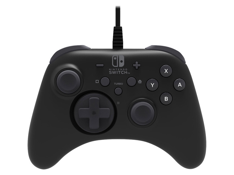 Ein schwarzer Nintendo Switch-Controller mit Knöpfen und Joysticks.