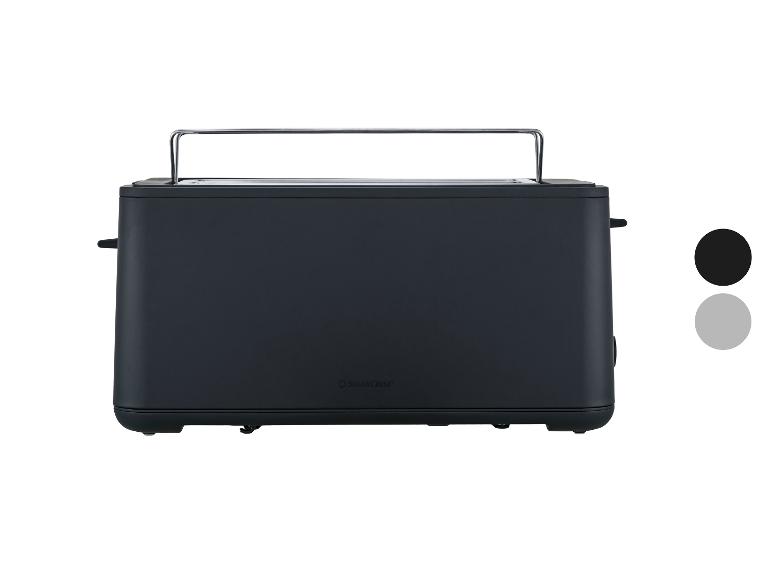 Schwarzer Toaster mit verchromtem Brötchenaufsatz und zwei Farbmustern.