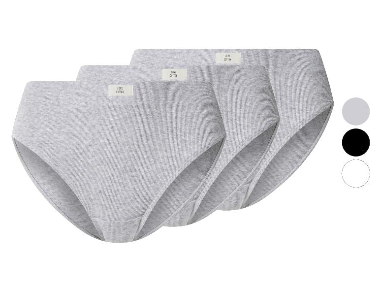 Drei graue gerippte Baumwollslips mit 'LOVE COTTON'-Etiketten, mit Farbmustern.