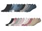 Set kurzer Damensocken in Blau-, Grau-, Schwarz-, Rosa- und Beigetönen, einige mit Streifen oder Herzen.
