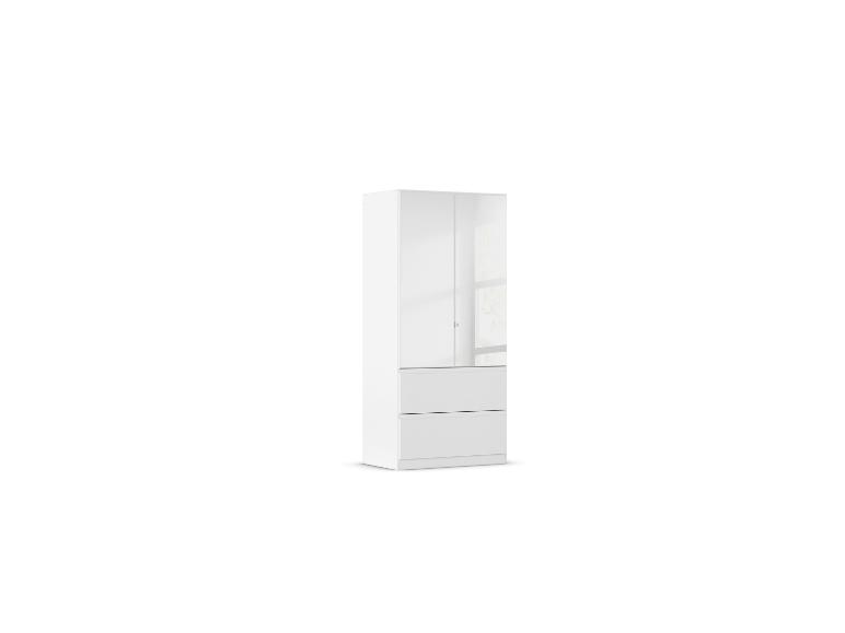 Weißer Schrank mit zwei Türen und zwei Schubladen, eine Tür ist ein Spiegel.