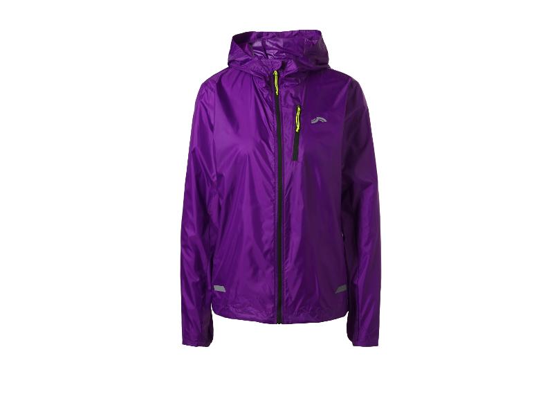 Lila Windjacke mit Kapuze und Reißverschluss.
