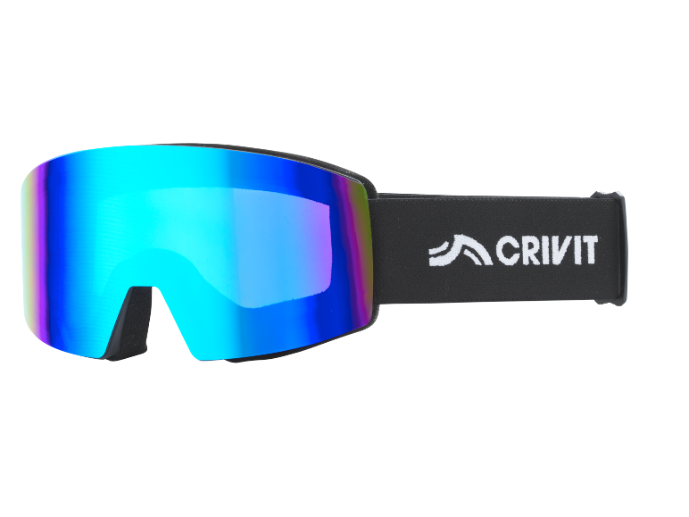 Skibrille mit mehrfarbiger Spiegelscheibe und schwarzem Band mit Logo.