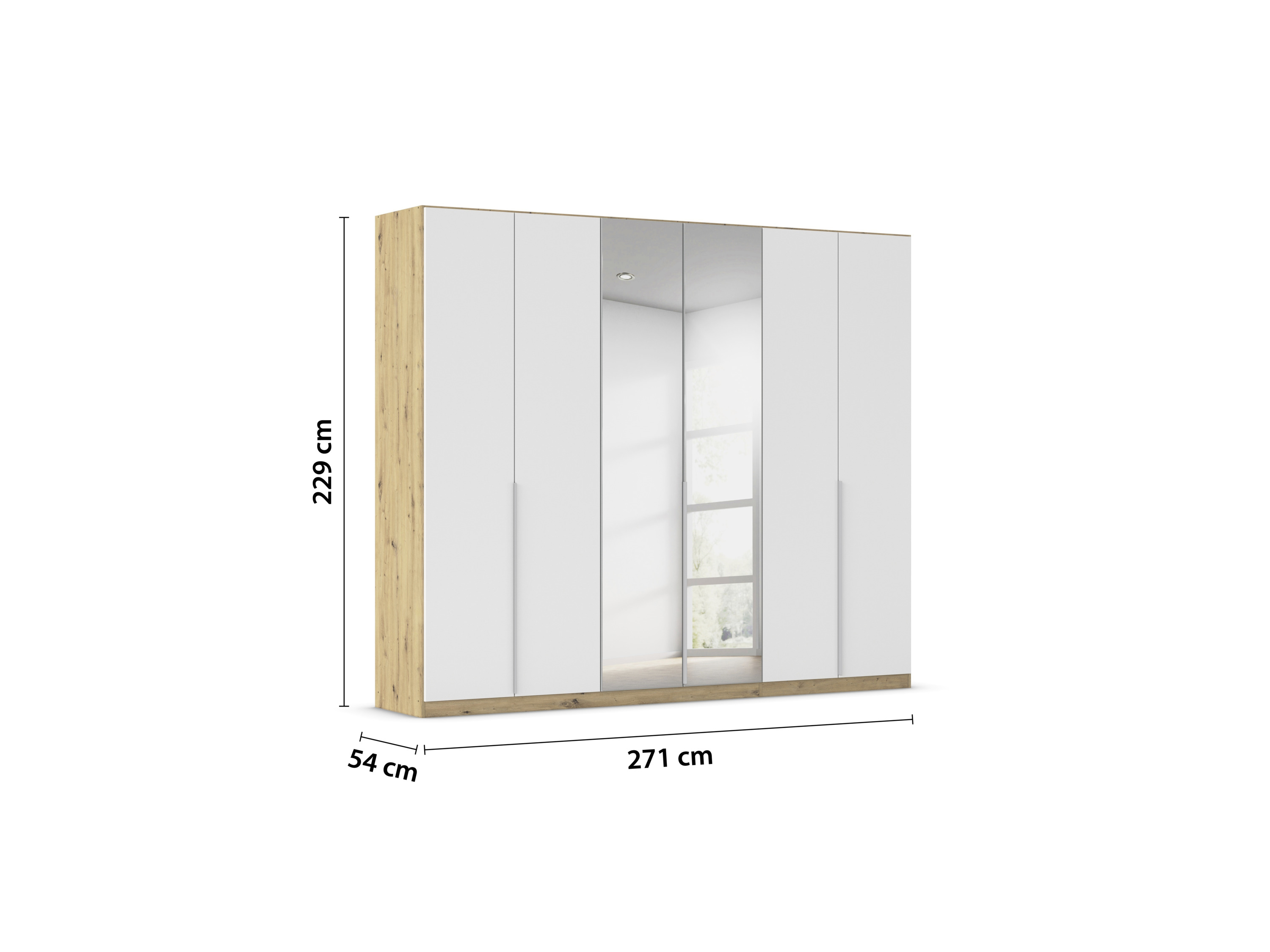 Thumbnail - rauch ORANGE Drehtürenschrank Alabama mit Spiegel (Premium-Zubehör, Weiß/Eiche Artisan, Griffe Alu, 271 x 229 cm)