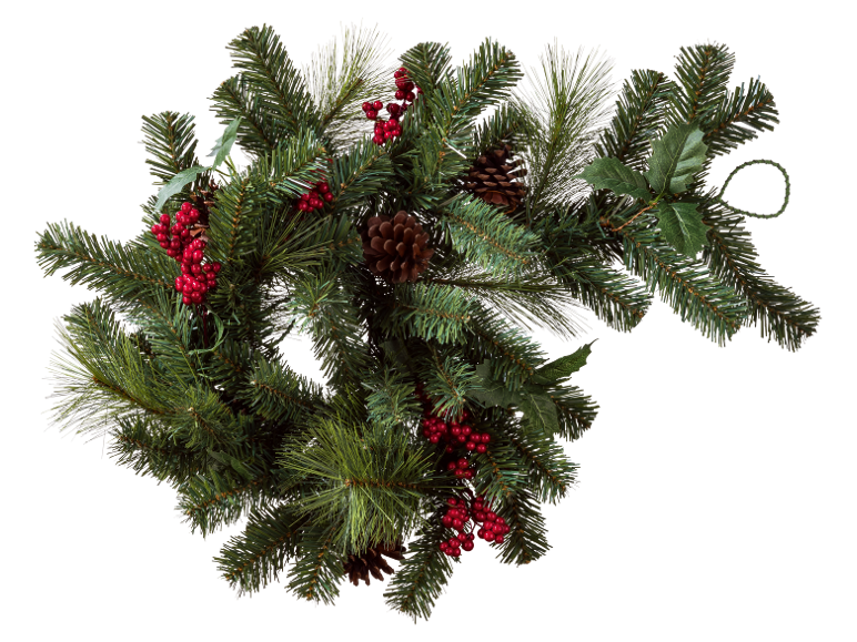 Dekorativer Weihnachtskranz mit Kiefernzweigen, Tannenzapfen und roten Beeren.