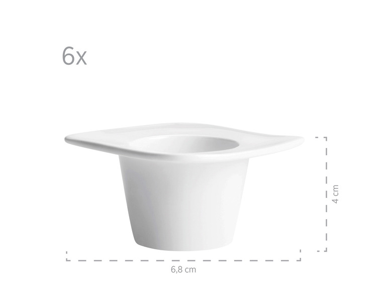 Sechs weiße Eierbecher mit einem Durchmesser von 6,8 cm.