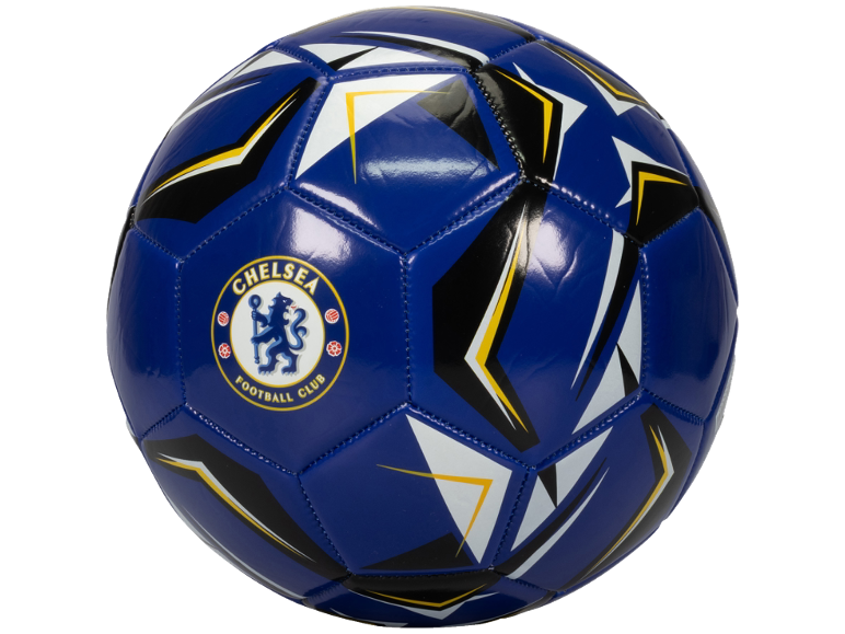 Blauer Fußball mit weißen, schwarzen und gelben Details, mit Löwen-Logo.
