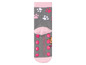 Graue Socken mit rosa Pfotenabdrücken und rutschfesten Punkten.