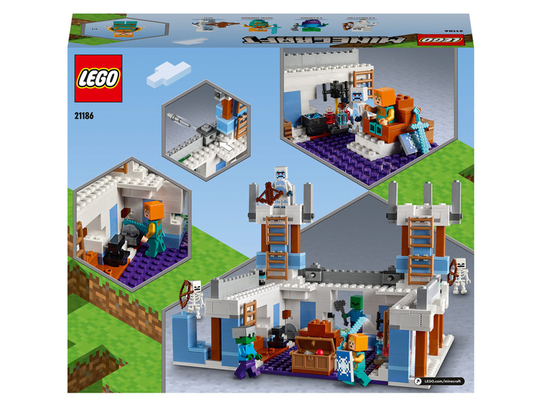 LEGO Minecraft-Set mit einem Eis-Schloss, Türmen und Figuren.