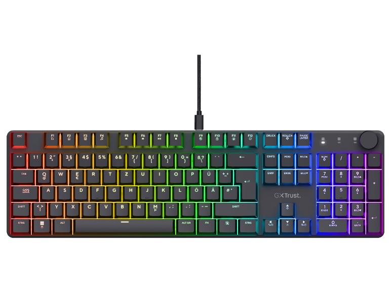 Schwarze Gaming-Tastatur mit farbiger RGB-Beleuchtung und Kabel.