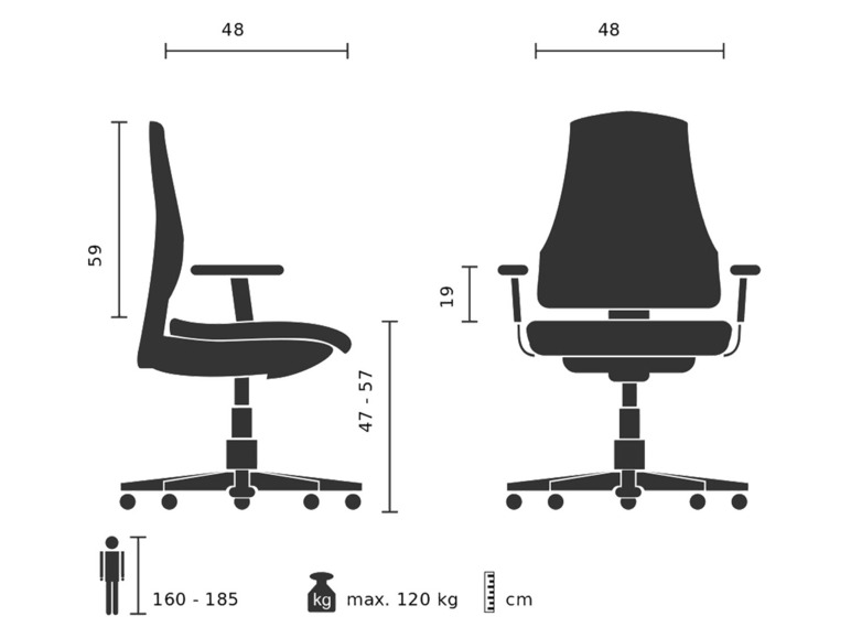 Schwarzer Bürostuhl mit Armlehnen, Seiten- und Vorderansicht, mit Maßen.
