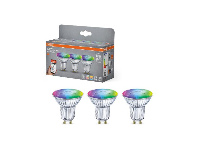 Drei smarte, mehrfarbige GU10 LED-Spots in Verpackung, 4.7W, 350lm.
