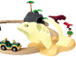 Dinosaurier-Holzeisenbahn-Set mit Jeep, Dinosaurierfiguren und einer Höhle.