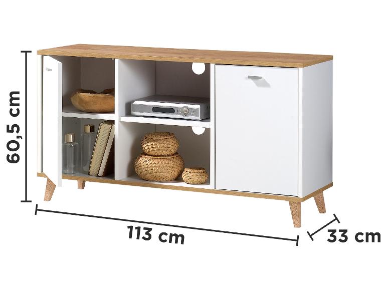 Holz- und weißer TV-Schrank mit offenen Regalen und einem Schrank, mit Maßen.